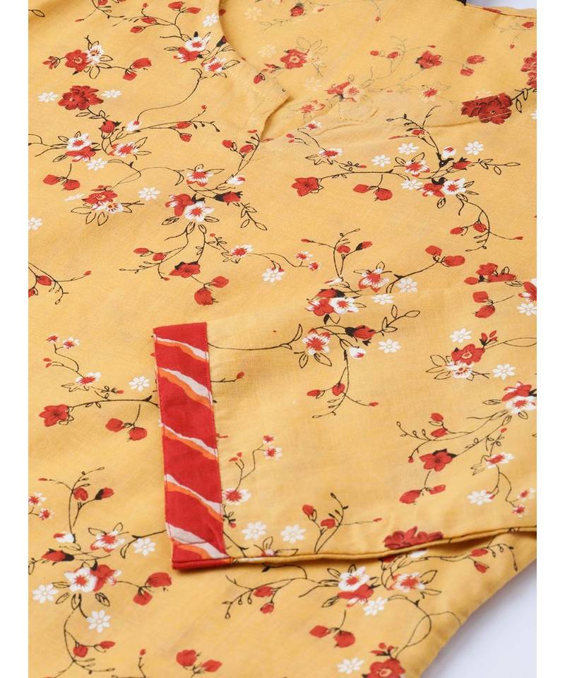 Yellow printed Cotton Kurta Palazzo and Dupatta Set