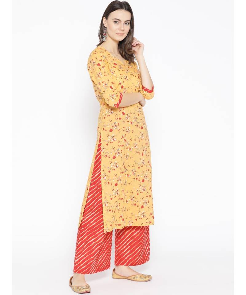 Yellow printed Cotton Kurta Palazzo and Dupatta Set