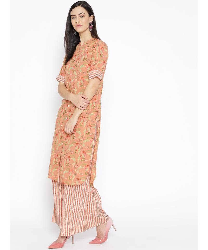 Peach printed Cotton Kurta and Palazzo Set