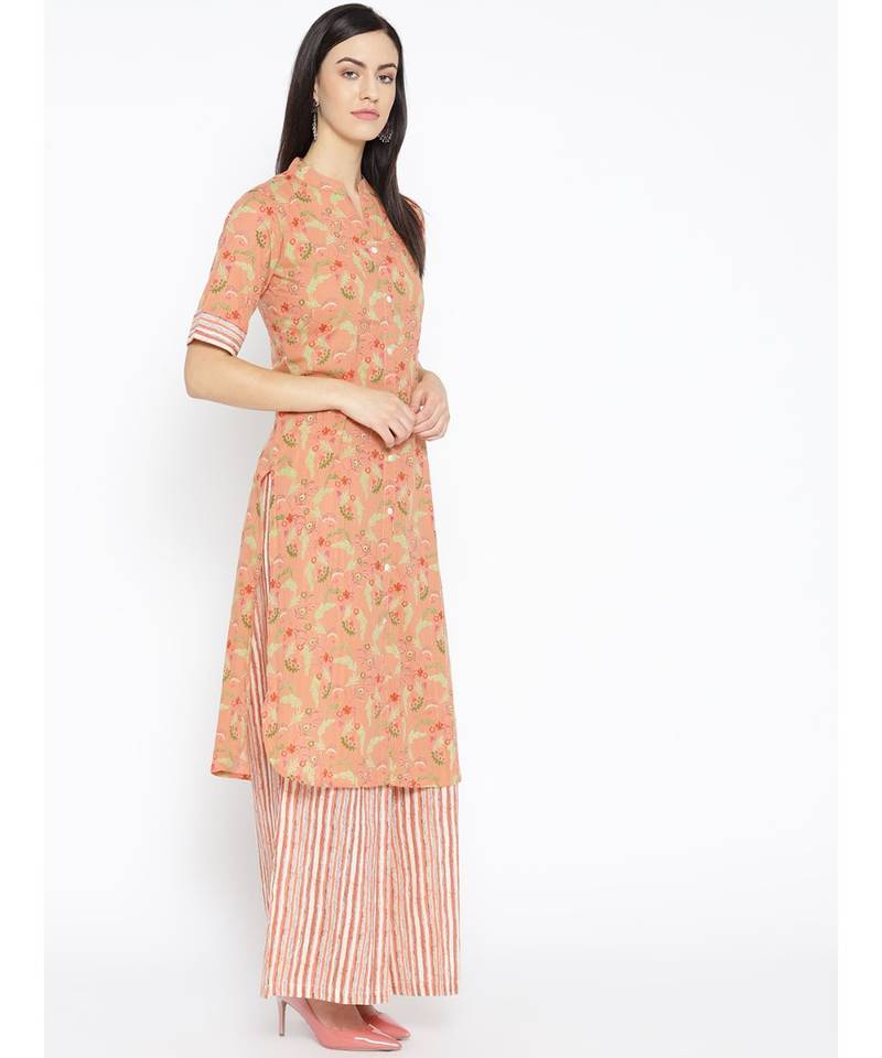 Peach printed Cotton Kurta and Palazzo Set