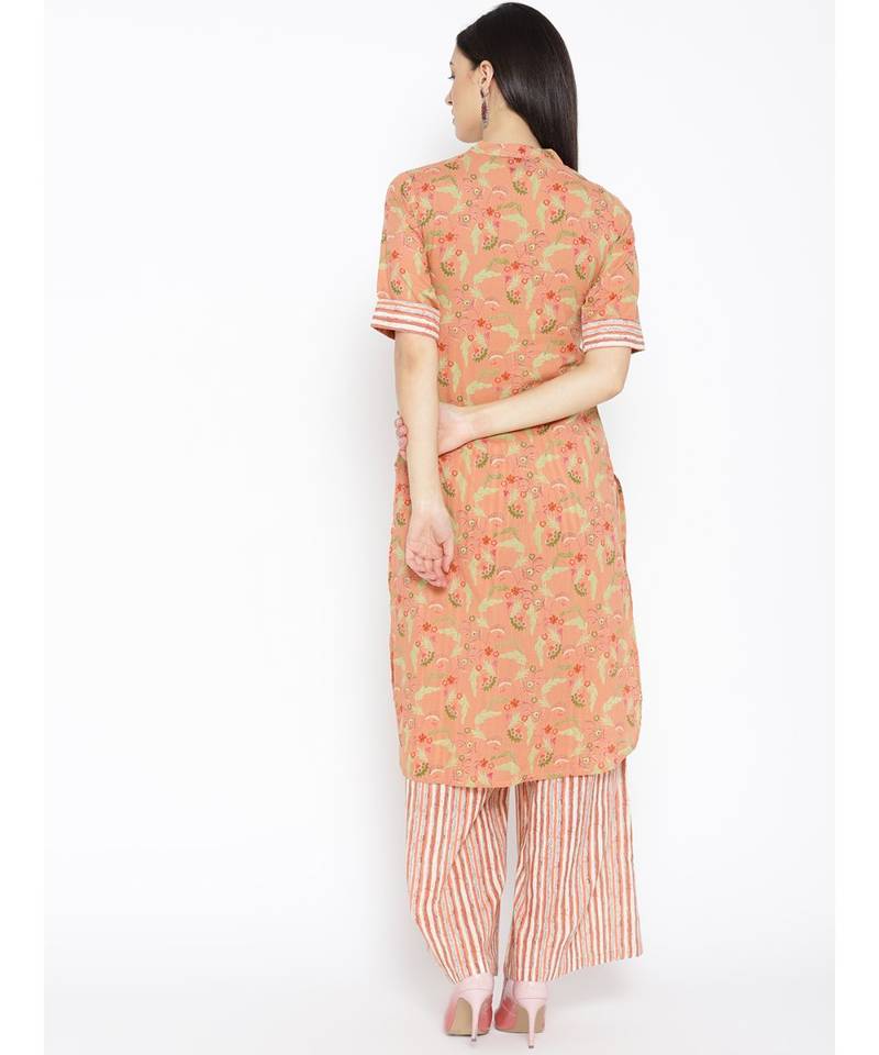Peach printed Cotton Kurta and Palazzo Set