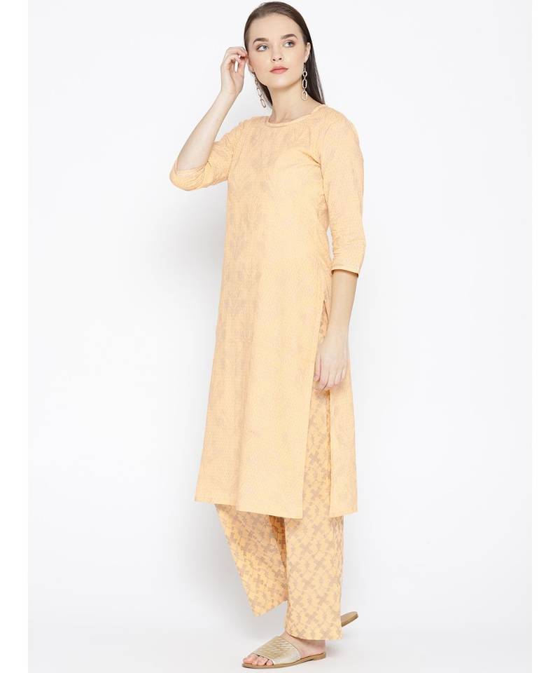 Peach printed Cotton Kurta and Palazzo Set
