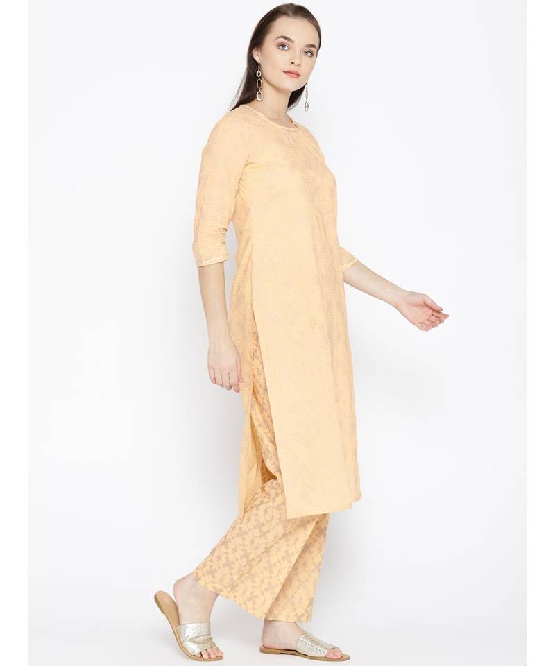 Peach printed Cotton Kurta and Palazzo Set