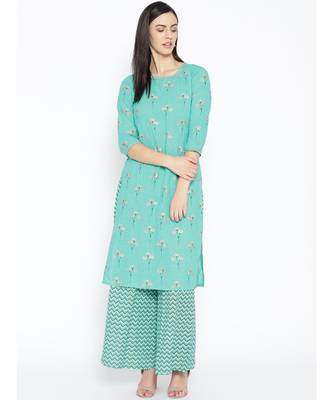 Green printed Cotton Kurta and Palazzo Set 1