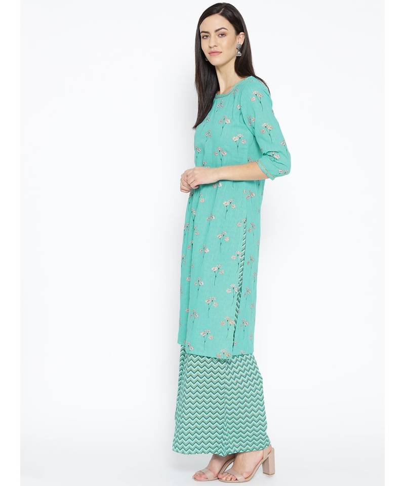 Green printed Cotton Kurta and Palazzo Set
