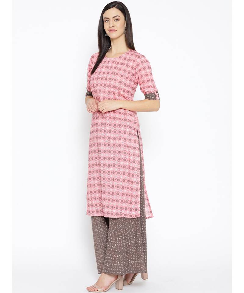 Pink printed Cotton Kurta and Palazzo Set