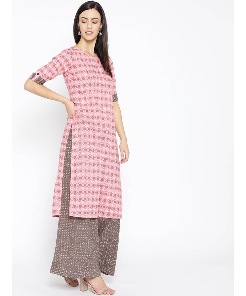 Pink printed Cotton Kurta and Palazzo Set