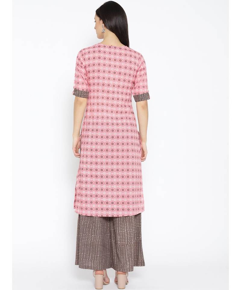 Pink printed Cotton Kurta and Palazzo Set
