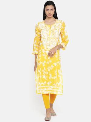 Ada Hand Embroidered Mustard Cotton Lucknow Chikankari Kurti 1