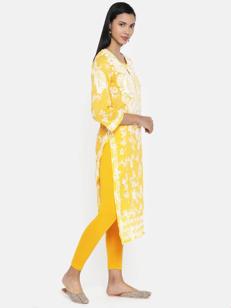 Ada Hand Embroidered Mustard Cotton Lucknow Chikankari Kurti