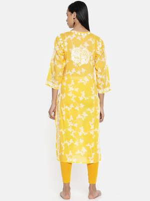 Ada Hand Embroidered Mustard Cotton Lucknow Chikankari Kurti 3