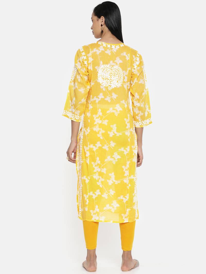 Ada Hand Embroidered Mustard Cotton Lucknow Chikankari Kurti