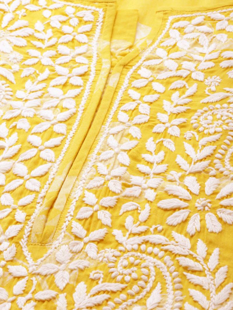 Ada Hand Embroidered Mustard Cotton Lucknow Chikankari Kurti