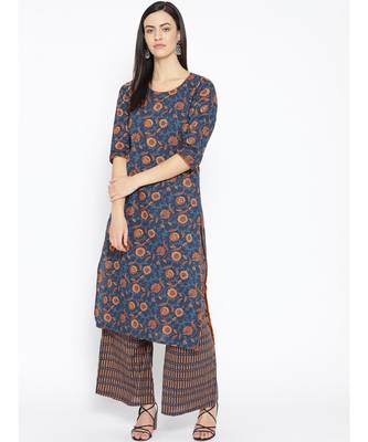 Blue printed Cotton Kurta and Palazzo Set 1