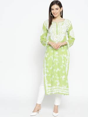 Ada Hand Embroidered Green Cotton Lucknow Chikankari Women Kurti - A100113 1