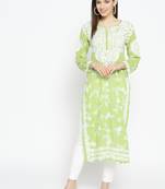 Ada Hand Embroidered Green Cotton Lucknow Chikankari Women Kurti - A100113