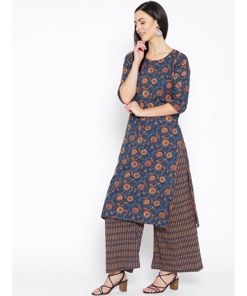 Blue printed Cotton Kurta and Palazzo Set