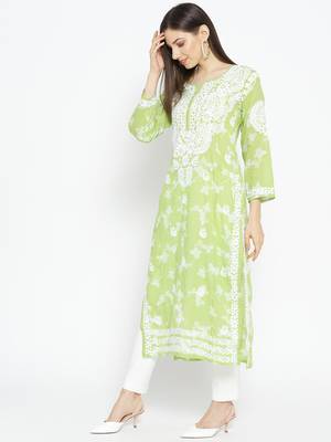 Ada Hand Embroidered Green Cotton Lucknow Chikankari Women Kurti - A100113 2