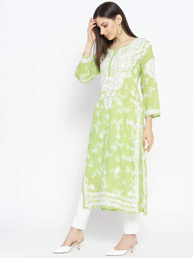Ada Hand Embroidered Green Cotton Lucknow Chikankari Women Kurti - A100113