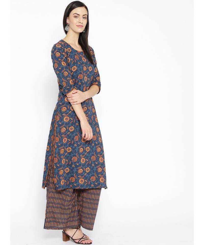 Blue printed Cotton Kurta and Palazzo Set