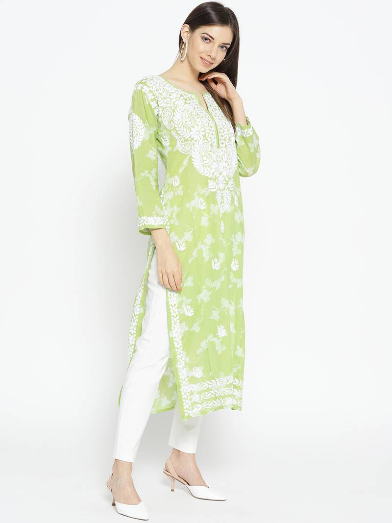 Ada Hand Embroidered Green Cotton Lucknow Chikankari Women Kurti - A100113