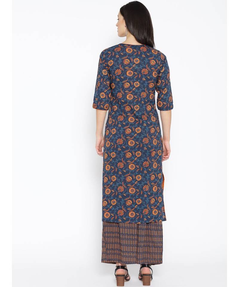 Blue printed Cotton Kurta and Palazzo Set