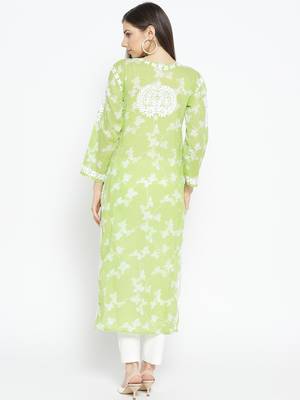 Ada Hand Embroidered Green Cotton Lucknow Chikankari Women Kurti - A100113 4