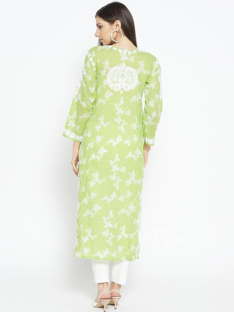 Ada Hand Embroidered Green Cotton Lucknow Chikankari Women Kurti - A100113