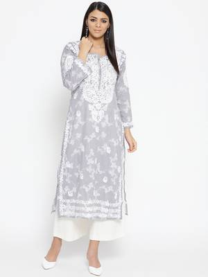 Hand Embroidered Grey Cotton Lucknow Chikankari Kurti 1