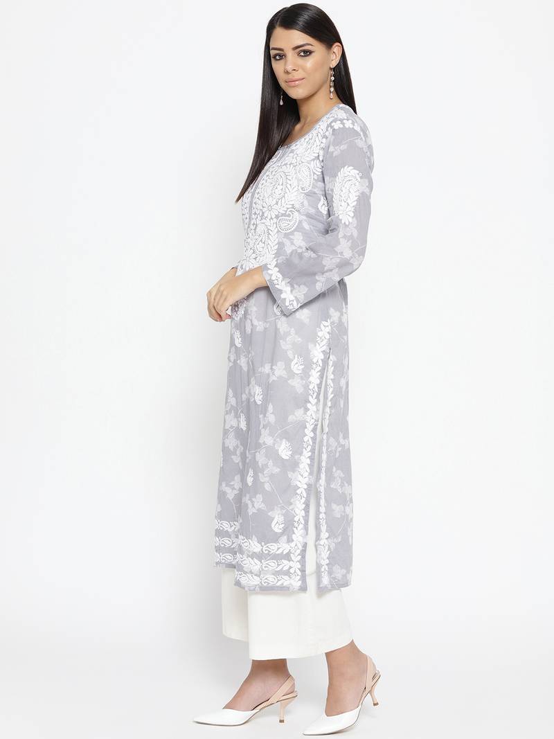 Hand Embroidered Grey Cotton Lucknow Chikankari Kurti