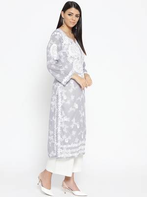 Hand Embroidered Grey Cotton Lucknow Chikankari Kurti 3