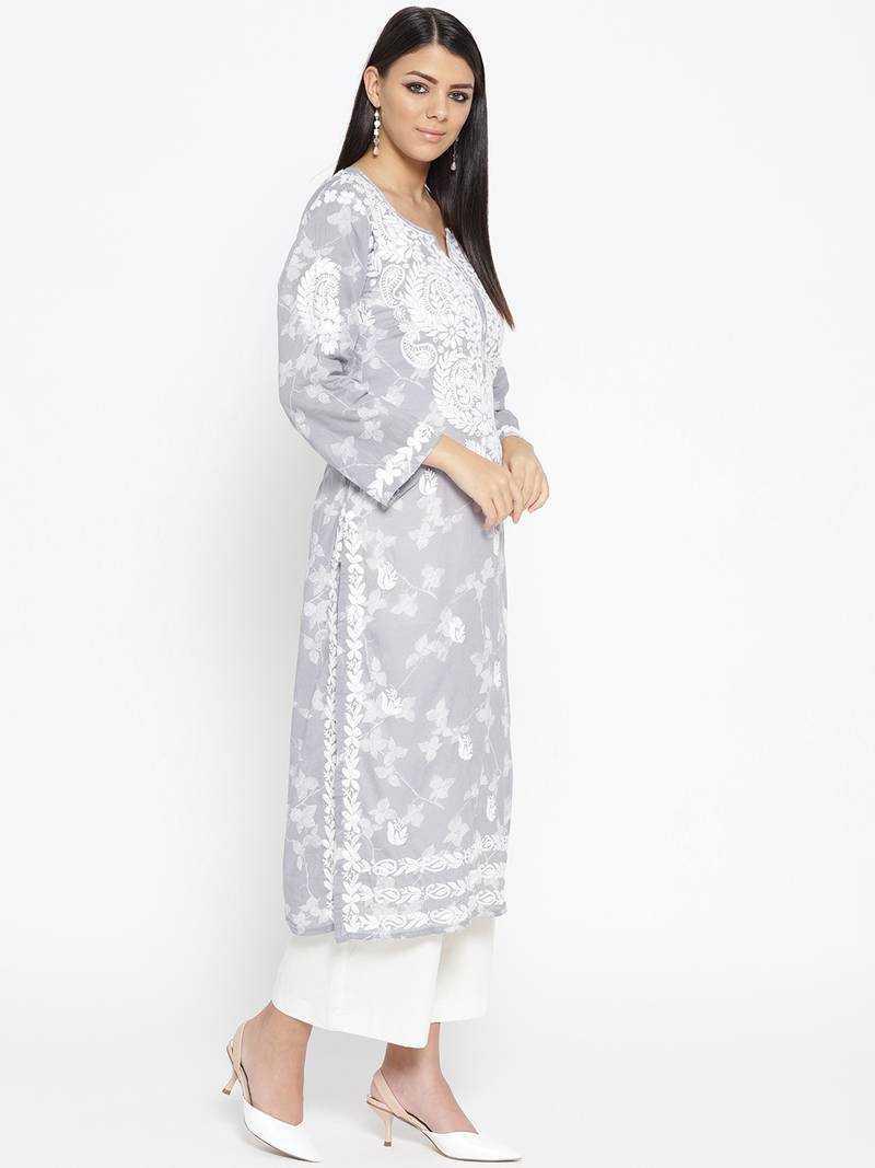 Hand Embroidered Grey Cotton Lucknow Chikankari Kurti
