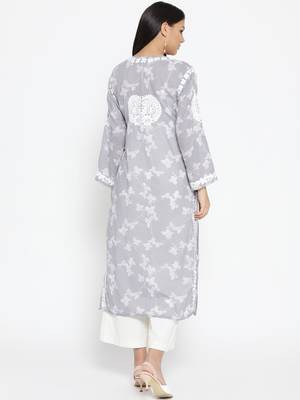 Hand Embroidered Grey Cotton Lucknow Chikankari Kurti 4