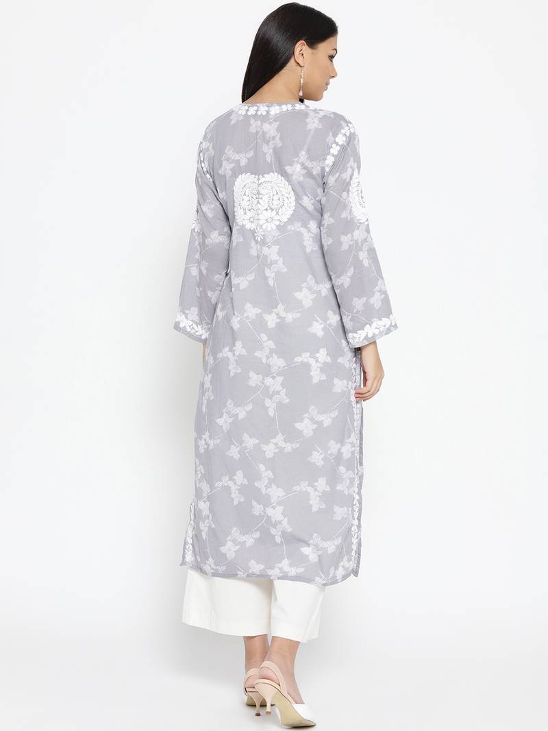 Hand Embroidered Grey Cotton Lucknow Chikankari Kurti