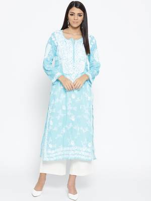 Hand Embroidered Blue Cotton Lucknow Chikankari Kurti 1
