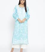 Hand Embroidered Blue Cotton Lucknow Chikankari Kurti