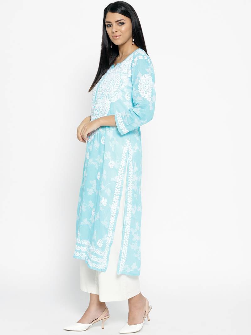 Hand Embroidered Blue Cotton Lucknow Chikankari Kurti