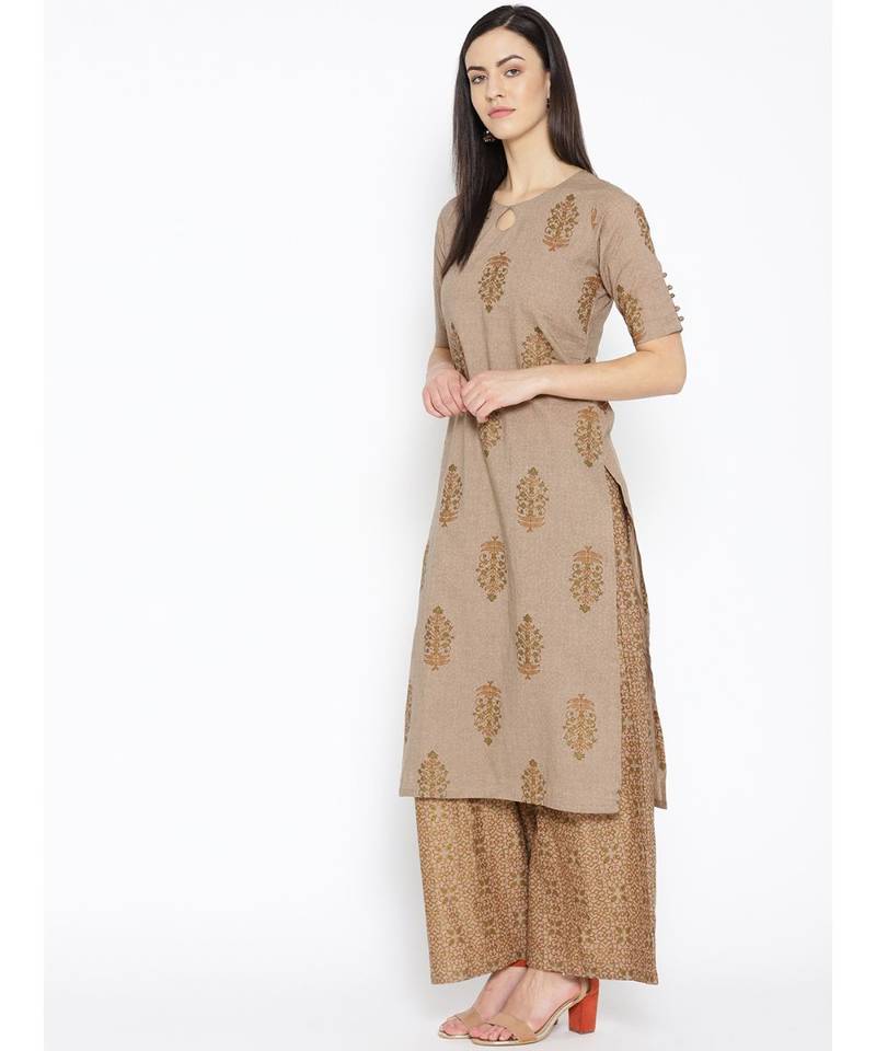 Brown printed Cotton Kurta and Palazzo Set
