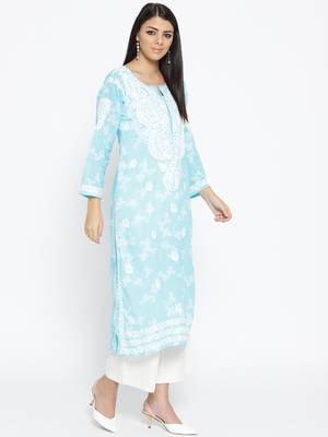 Hand Embroidered Blue Cotton Lucknow Chikankari Kurti 3