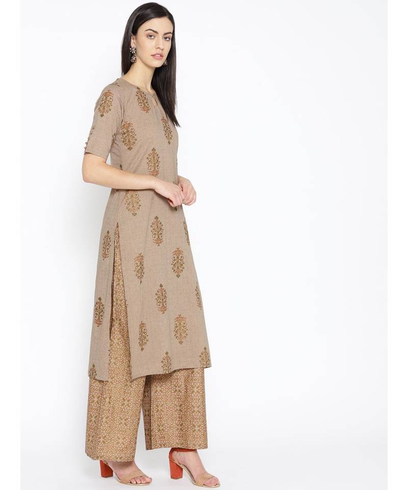 Brown printed Cotton Kurta and Palazzo Set