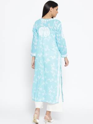 Hand Embroidered Blue Cotton Lucknow Chikankari Kurti 4