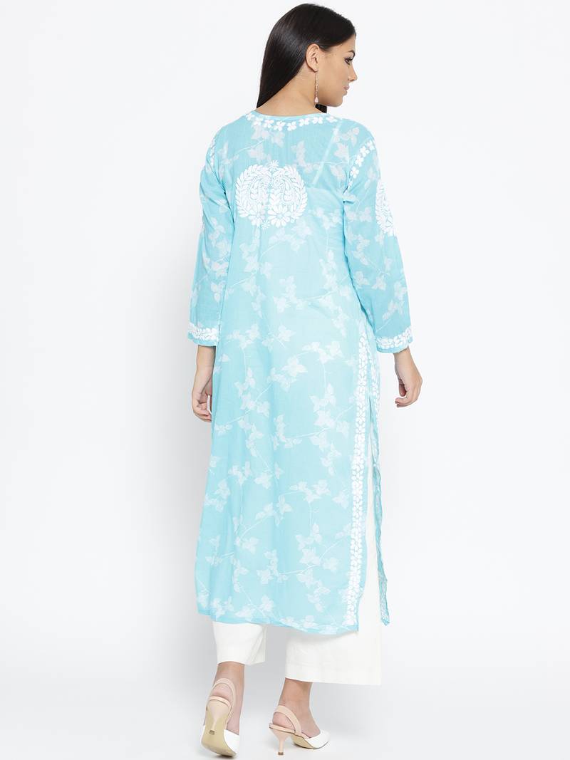 Hand Embroidered Blue Cotton Lucknow Chikankari Kurti