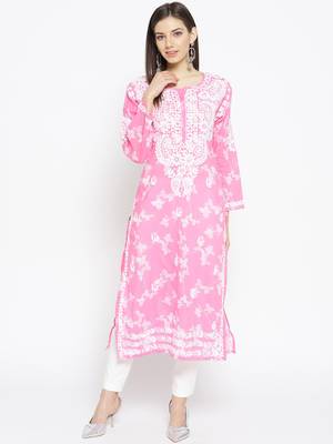 Hand Embroidered Pink Cotton Lucknow Chikankari Kurti 1