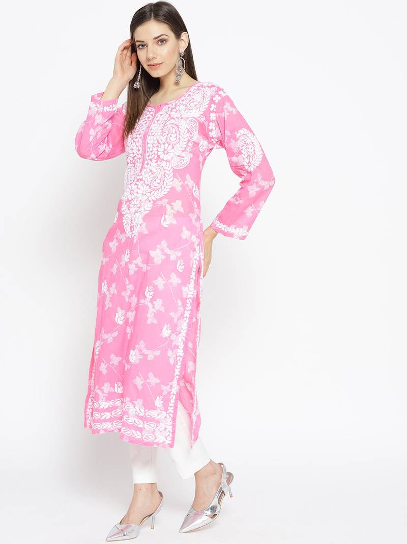 Hand Embroidered Pink Cotton Lucknow Chikankari Kurti