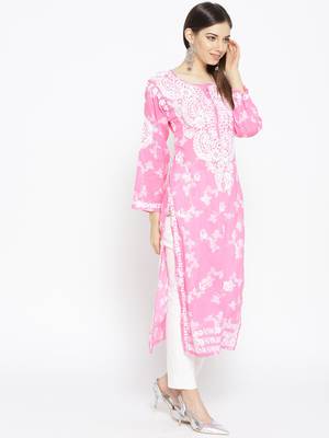 Hand Embroidered Pink Cotton Lucknow Chikankari Kurti 3