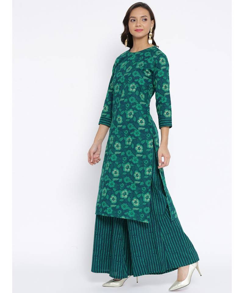 Green printed Cotton Kurta and Palazzo Set