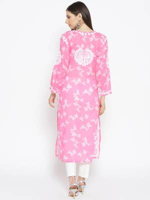 Hand Embroidered Pink Cotton Lucknow Chikankari Kurti 4