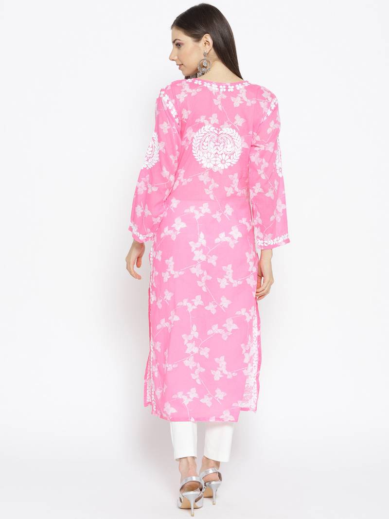 Hand Embroidered Pink Cotton Lucknow Chikankari Kurti