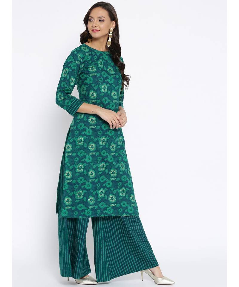 Green printed Cotton Kurta and Palazzo Set