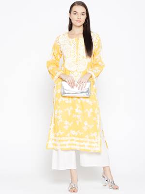 Hand Embroidered Yellow Cotton Lucknow Chikankari Kurti 1